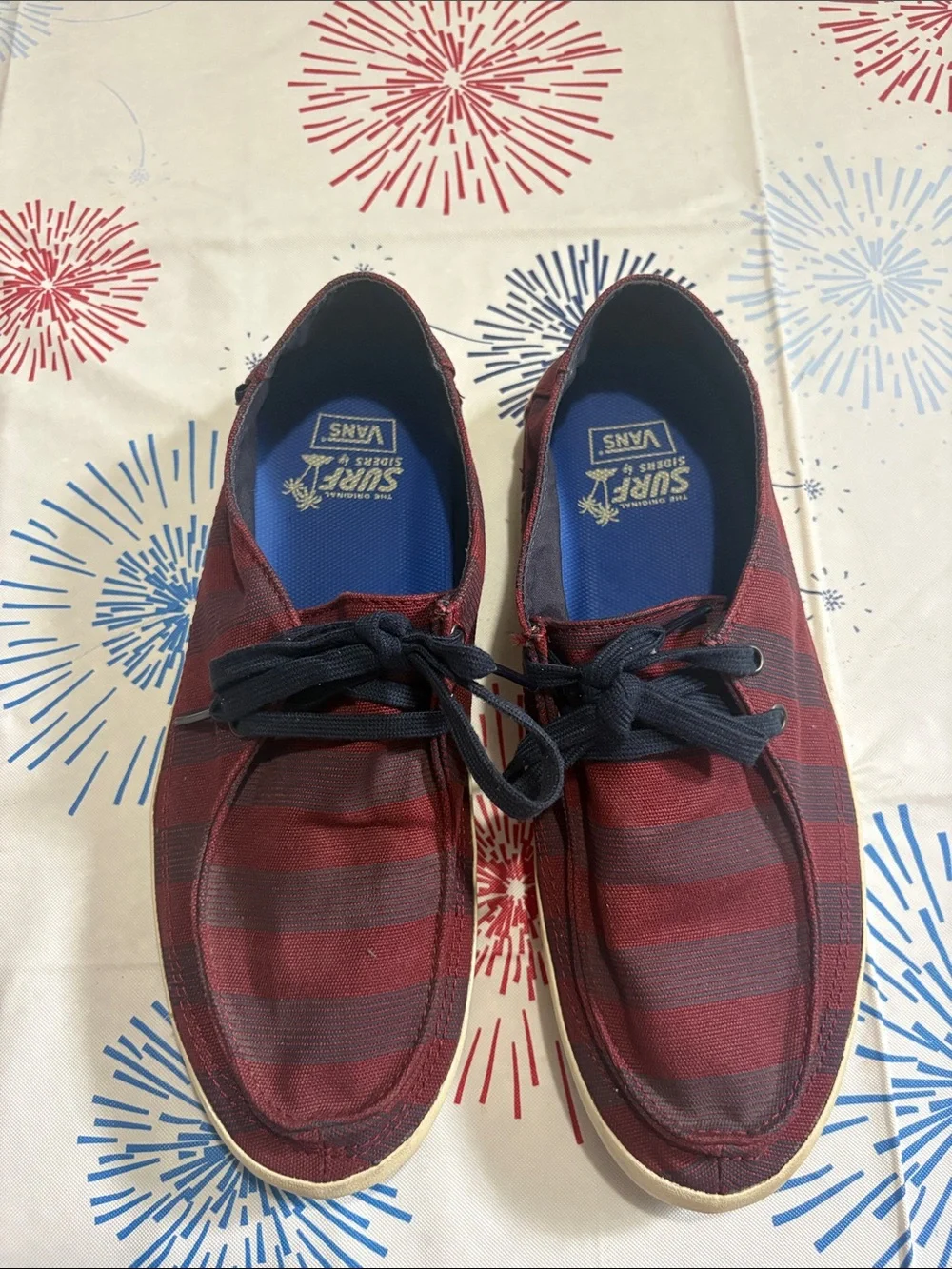 Vans Men’s Burgundy and Navy Striped Surf Siders